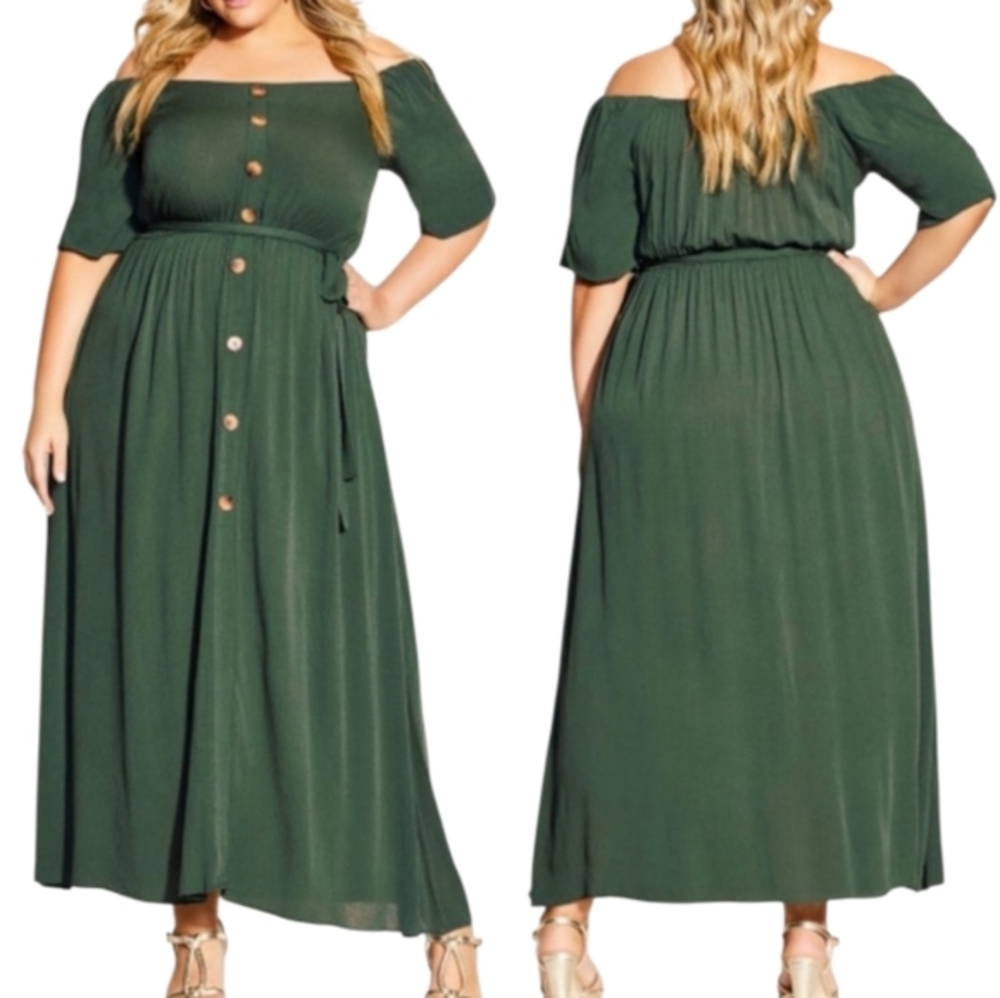 City Chic Jungle Green Off-Shoulder Tropical Tie Maxi Dress Plus Size 18 M NEW